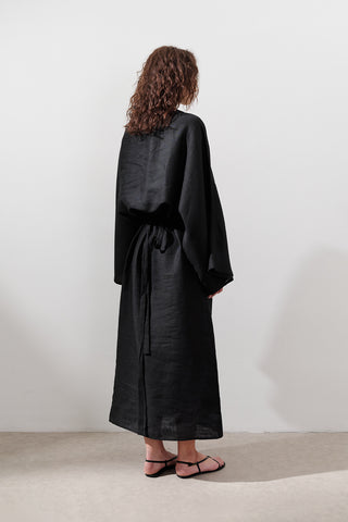 Tie-Waist Linen Dress Black
