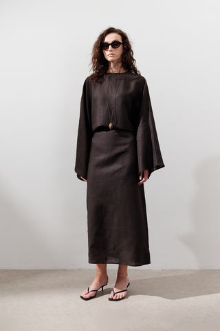 Tie-Waist Linen Dress Dark Brown