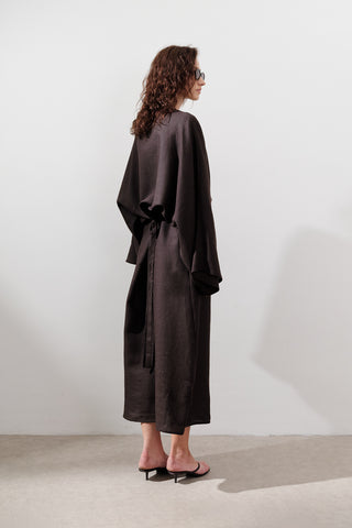 Tie-Waist Linen Dress Dark Brown