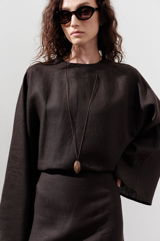 Tie-Waist Linen Dress Dark Brown