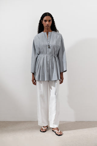 Pleated Wide-Sleeve Tunic Blue