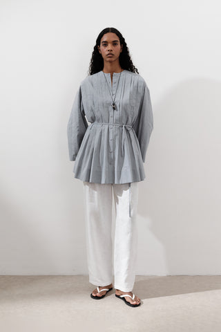 Pleated Wide-Sleeve Tunic Blue