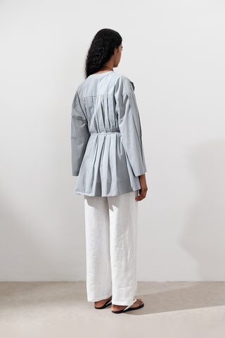 Pleated Wide-Sleeve Tunic Blue