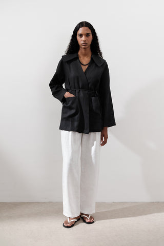Wide-Collar Linen Jacket Black