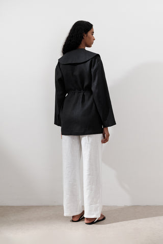 Wide-Collar Linen Jacket Black