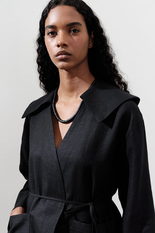 Wide-Collar Linen Jacket Black