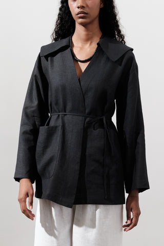 Wide-Collar Linen Jacket Black