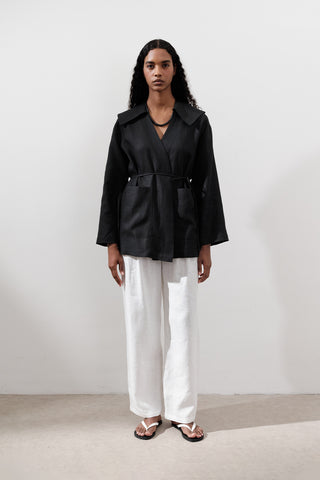 Wide-Collar Linen Jacket Black