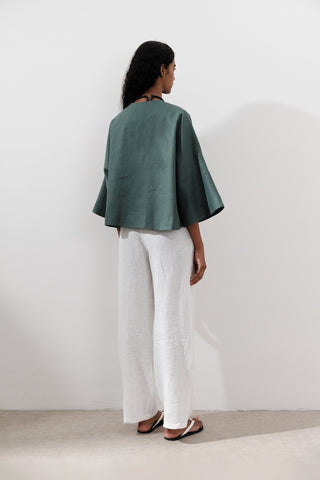 Short Linen Jacket With Wide Sleeves Teal Green