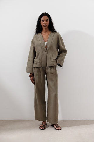 Single-Button Linen Blouse Khaki