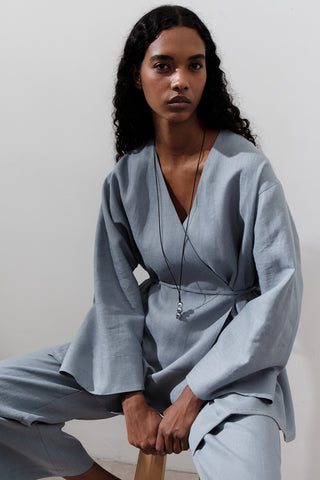 Linen Wrap Kimono Blue
