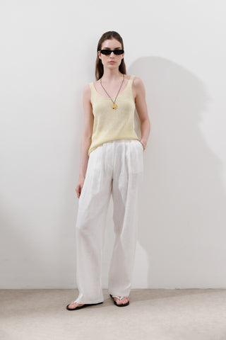 Pleated Wide-Leg Linen Trousers Ecru