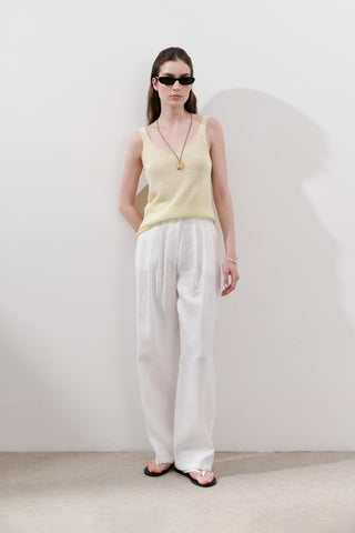 Pleated Wide-Leg Linen Trousers Ecru