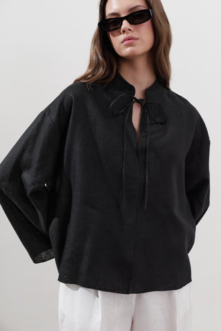 Linen Tie-Front Blouse Black