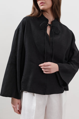 Linen Tie-Front Blouse Black