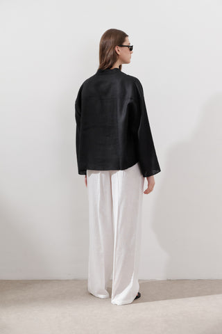 Linen Tie-Front Blouse Black