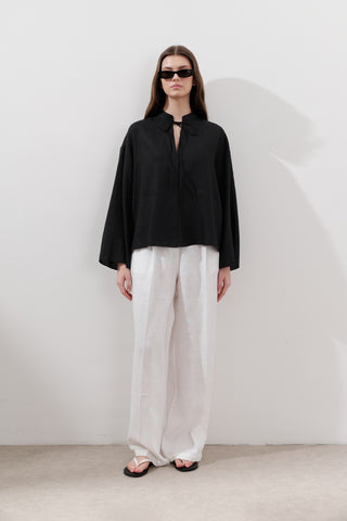 Linen Tie-Front Blouse Black