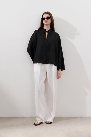 Linen Tie-Front Blouse Black