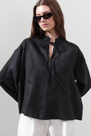 Linen Tie-Front Blouse Black