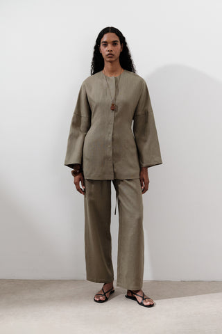 Pleated Wide-Leg Linen Trousers Khaki