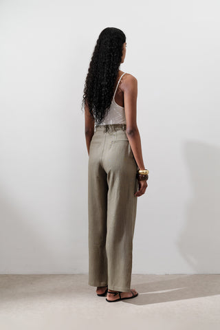 Pleated Wide-Leg Linen Trousers Khaki