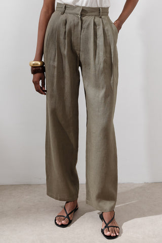 Pleated Wide-Leg Linen Trousers Khaki