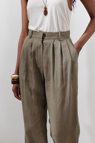 Pleated Wide-Leg Linen Trousers Khaki
