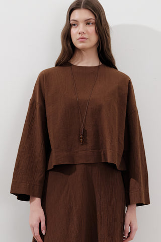 Cotton Wide-Sleeve Crop Blouse Brown