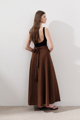 Cotton Tie-Waist Wrap Skirt Brown