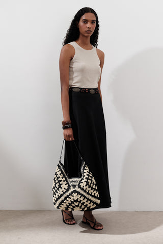 Patterned Straw Handbag Black