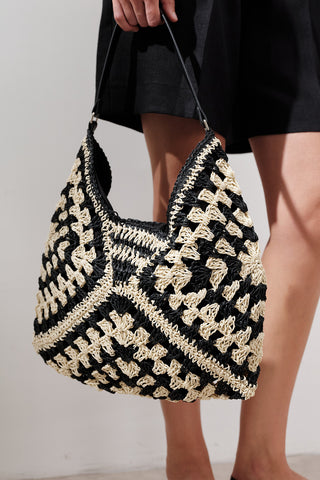 Patterned Straw Handbag Black