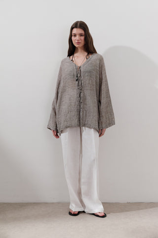 Tie-Front Linen Blend Blouse Brown