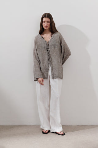 Tie-Front Linen Blend Blouse Brown