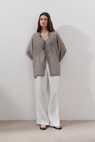 Önü Bağcıklı Keten Karışımlı Bluz Kahverengi