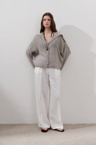 Linen Blend Wide-Collar Shirt Natural