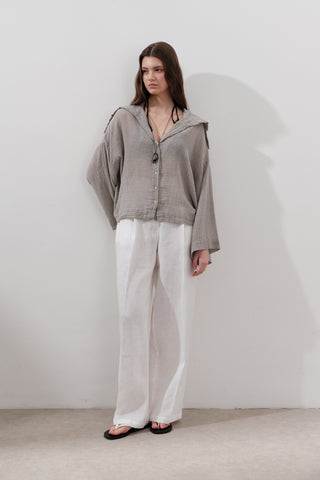 Linen Blend Wide-Collar Shirt Natural