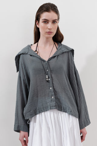 Linen Blend Wide-Collar Shirt Blue