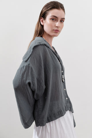 Linen Blend Wide-Collar Shirt Blue