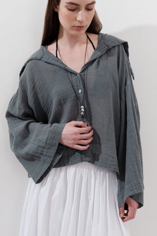 Linen Blend Wide-Collar Shirt Blue