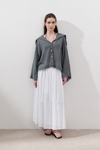 Linen Blend Wide-Collar Shirt Blue