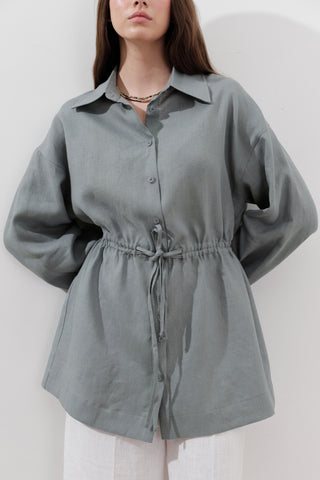 Linen Waist-Tie Tunic Blue