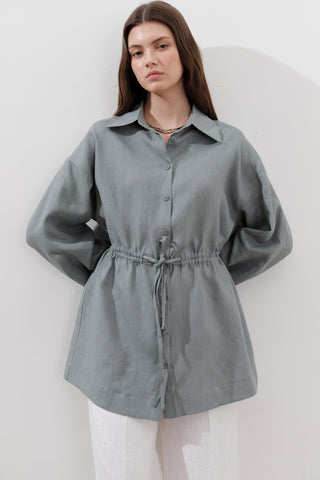 Linen Waist-Tie Tunic Blue