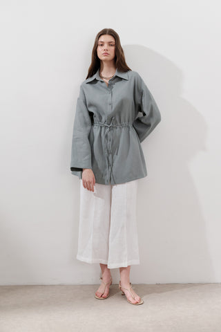 Linen Waist-Tie Tunic Blue