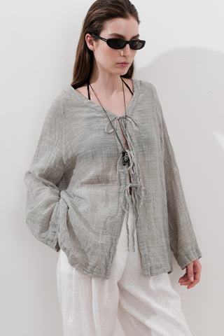 Tie-Front Linen Blend Blouse Natural