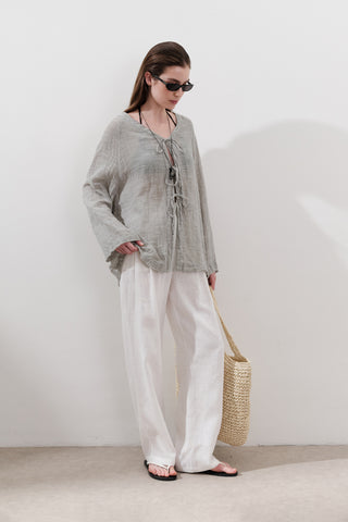 Tie-Front Linen Blend Blouse Natural