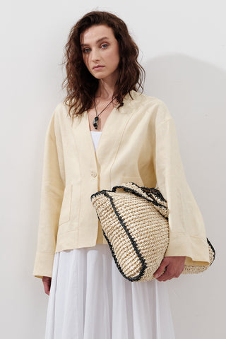 Contrast-Detail Straw Bag Beige-Black Striped
