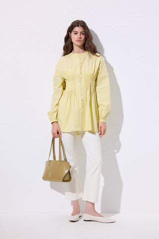 Long-Sleeve Pleated Blouse Yellow