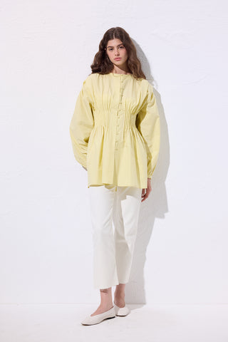 Long-Sleeve Pleated Blouse Yellow