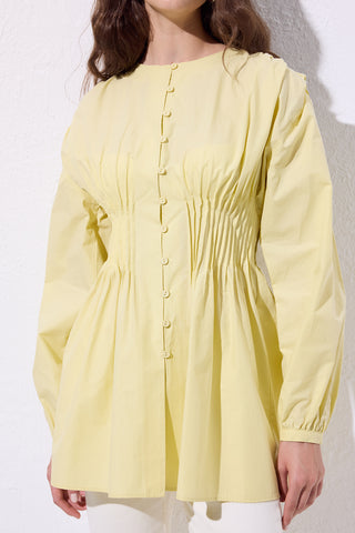 Long-Sleeve Pleated Blouse Yellow