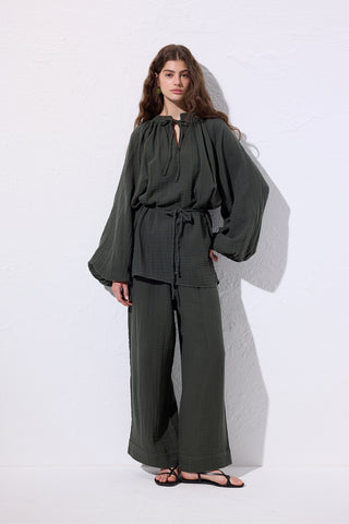 Muslin Tie Blouse Dark Green